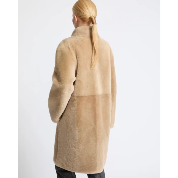 Yves Salomon Reversible Coat in Stiff Merino Lamb Shearling in Beige | Shearling Coat | Coveti