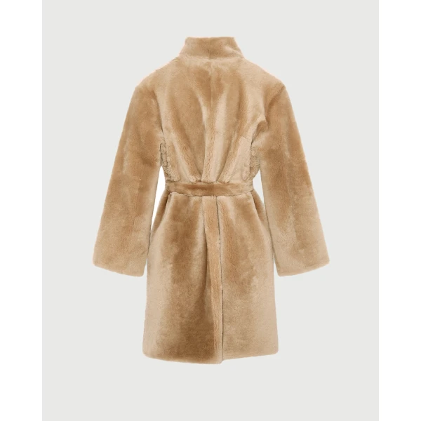 Yves Salomon Reversible Coat in Stiff Merino Lamb Shearling in Beige | Shearling Coat | Coveti
