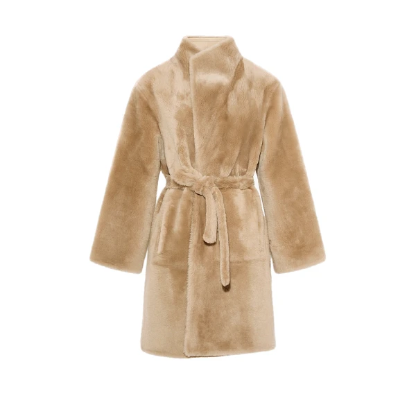 Reversible Coat in Stiff Merino Lamb Shearling in Beige