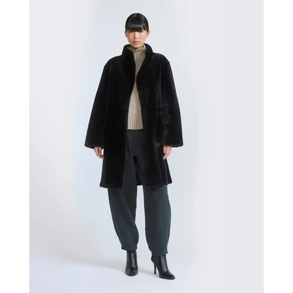 Yves Salomon Reversible Combed Lambskin Shearling Coat in Black | Shearling Coat | Coveti