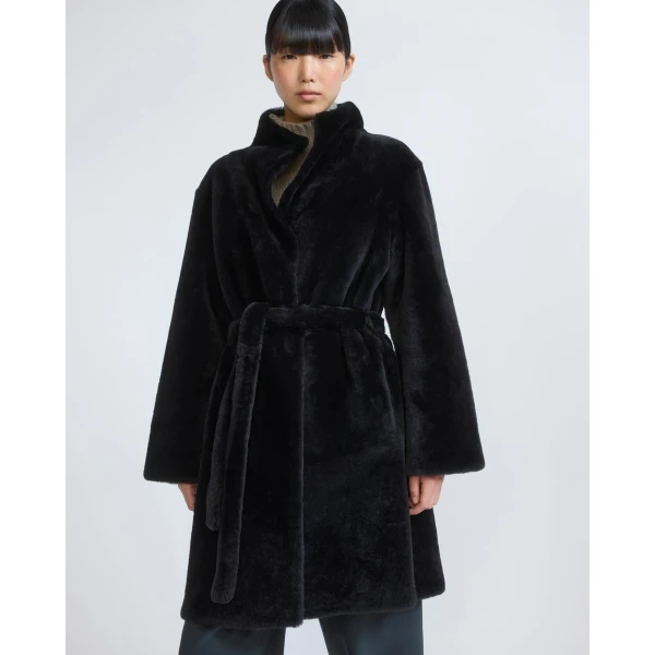 Yves Salomon Reversible Combed Lambskin Shearling Coat in Black | Shearling Coat | Coveti