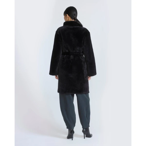 Yves Salomon Reversible Combed Lambskin Shearling Coat in Black | Shearling Coat | Coveti
