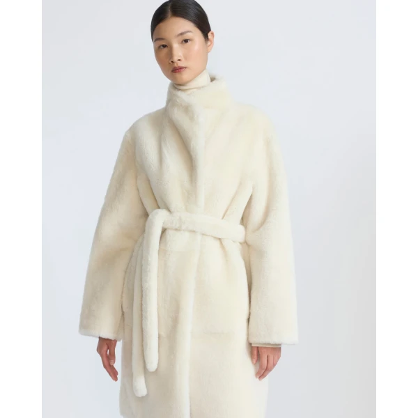 Yves Salomon Reversible Combed Lambskin Shearling Coat in White | Shearling Coat | Coveti