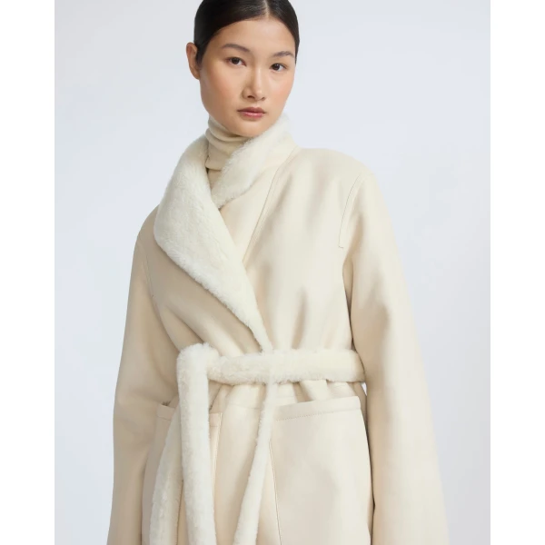 Yves Salomon Reversible Combed Lambskin Shearling Coat in White | Shearling Coat | Coveti