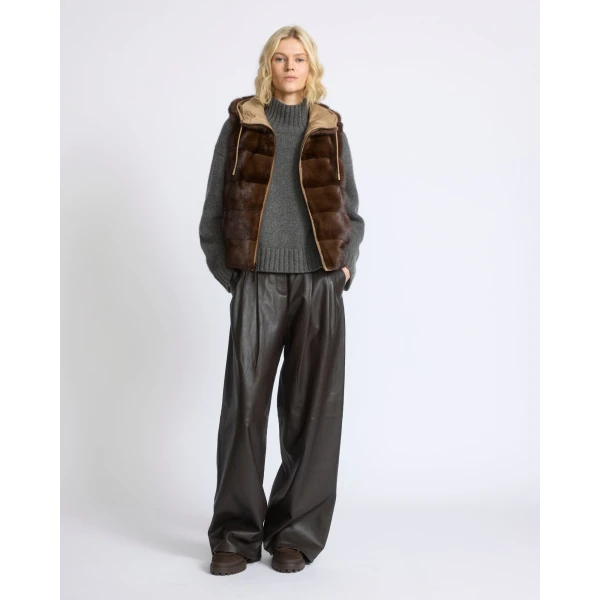 Yves Salomon Reversible Flannel and Mink Fur Sleeveless Gilet in Camel | Vests | Coveti