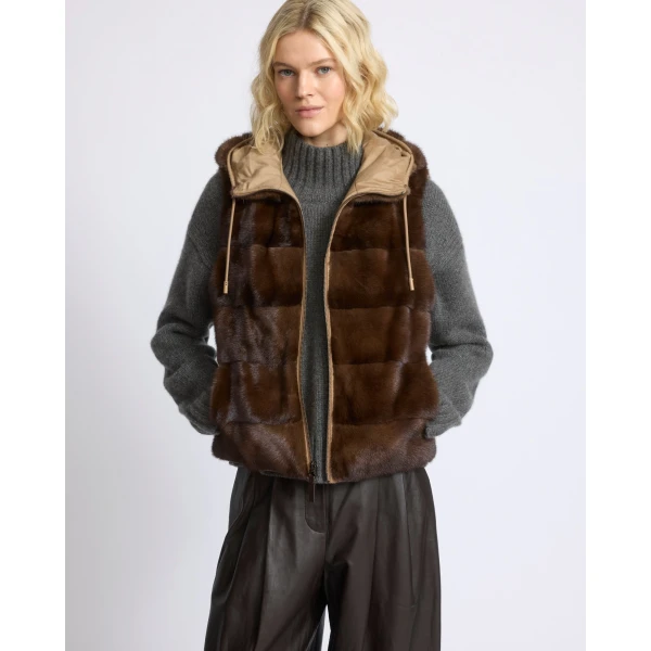 Yves Salomon Reversible Flannel and Mink Fur Sleeveless Gilet in Camel | Vests | Coveti