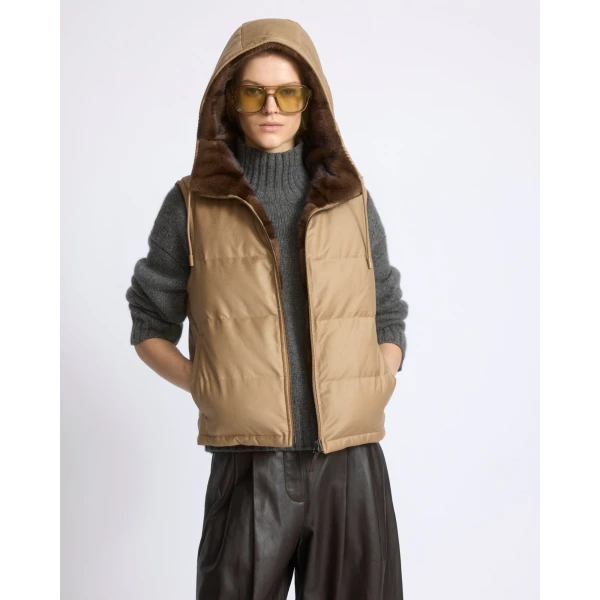 Yves Salomon Reversible Flannel and Mink Fur Sleeveless Gilet in Camel | Vests | Coveti