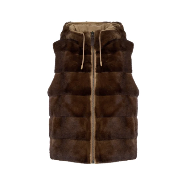 Yves Salomon Reversible Flannel and Mink Fur Sleeveless Gilet in Camel | Vests | Coveti