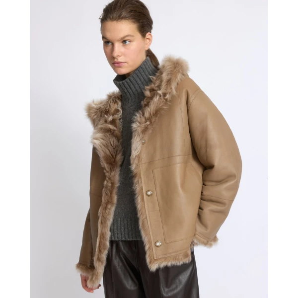 Yves Salomon Reversible Hooded Toscana Lambskin Shearling Jacket in Camel | Shearling Jackets | Coveti