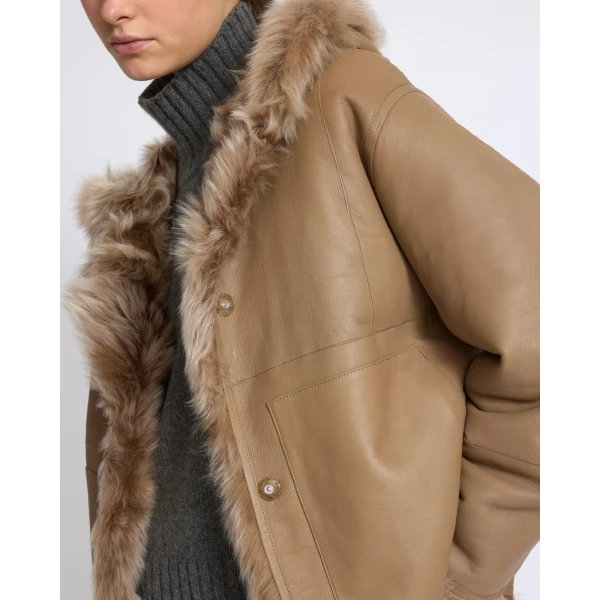 Yves Salomon Reversible Hooded Toscana Lambskin Shearling Jacket in Camel | Shearling Jackets | Coveti