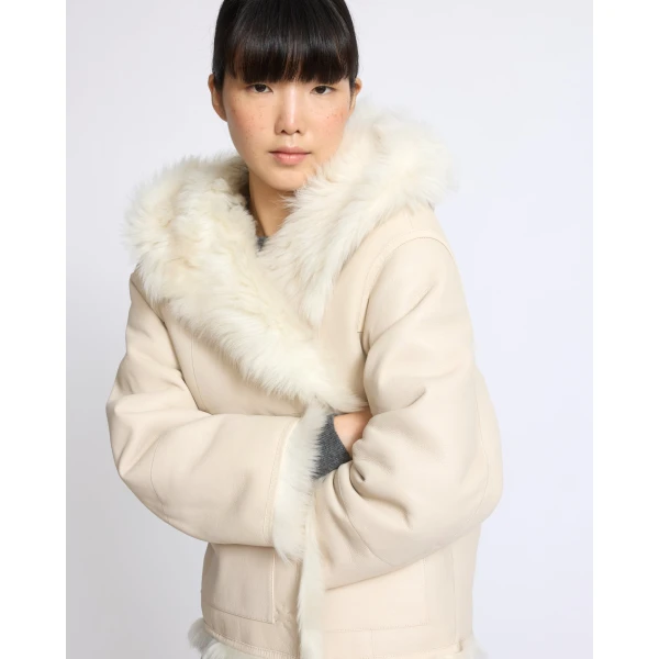 Yves Salomon Reversible Hooded Toscana Lambskin Shearling Jacket in White | Shearling Jackets | Coveti