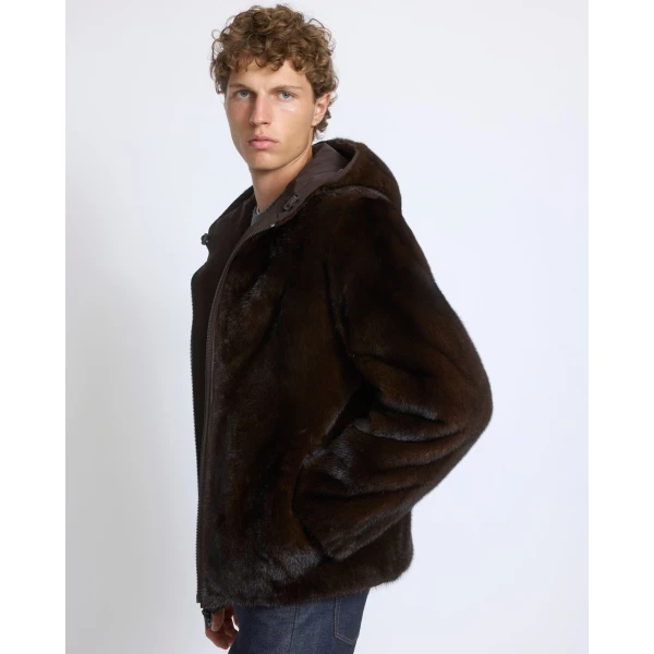 Yves Salomon Reversible Long-Haired Mink and Technical Fabric Hooded Jacket in Dark Brown and Mahogany | Men's Jackets | Coveti