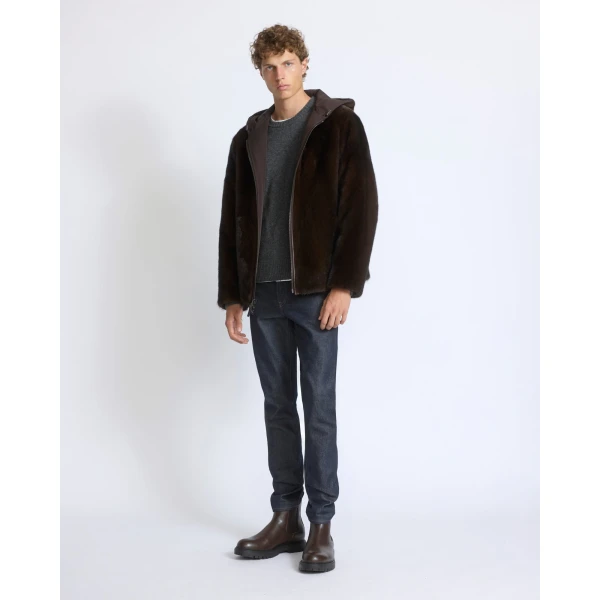 Yves Salomon Reversible Long-Haired Mink and Technical Fabric Hooded Jacket in Dark Brown and Mahogany | Men's Jackets | Coveti