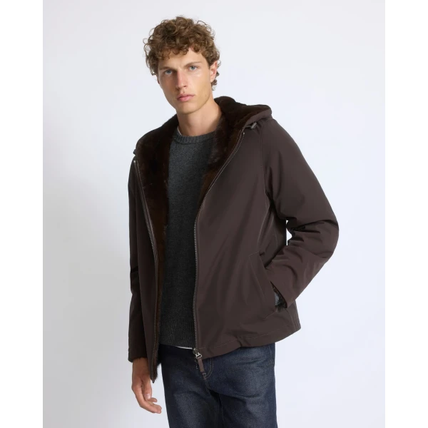 Yves Salomon Reversible Long-Haired Mink and Technical Fabric Hooded Jacket in Dark Brown and Mahogany | Men's Jackets | Coveti
