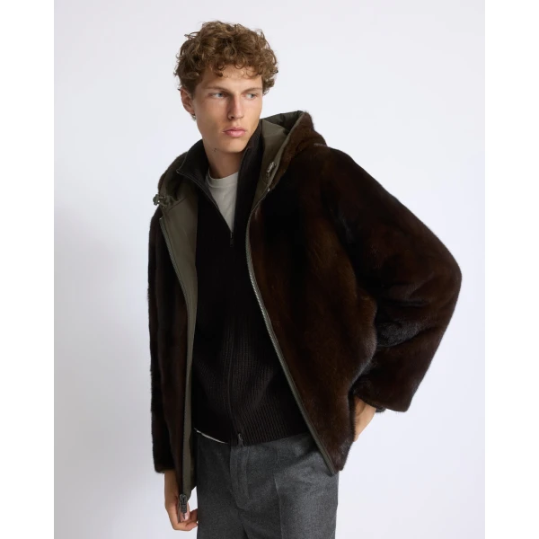 Yves Salomon Reversible Long-Haired Mink and Technical Fabric Hooded Jacket in Green and Mahogany | Men's Jackets | Coveti