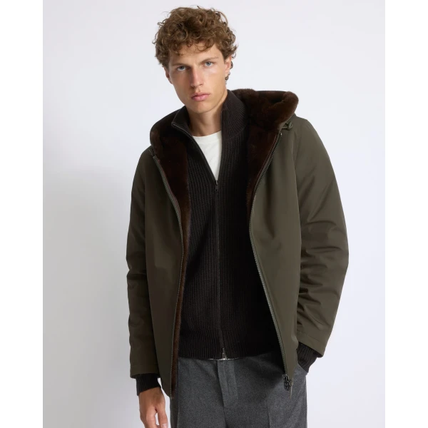 Yves Salomon Reversible Long-Haired Mink and Technical Fabric Hooded Jacket in Green and Mahogany | Men's Jackets | Coveti
