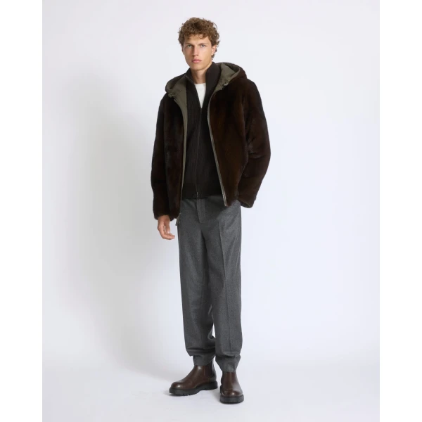 Yves Salomon Reversible Long-Haired Mink and Technical Fabric Hooded Jacket in Green and Mahogany | Men's Jackets | Coveti