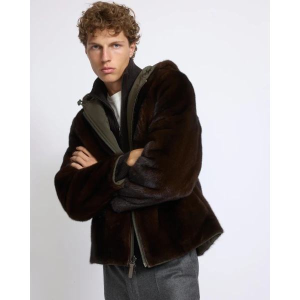 Yves Salomon Reversible Long-Haired Mink and Technical Fabric Hooded Jacket in Green and Mahogany | Men's Jackets | Coveti