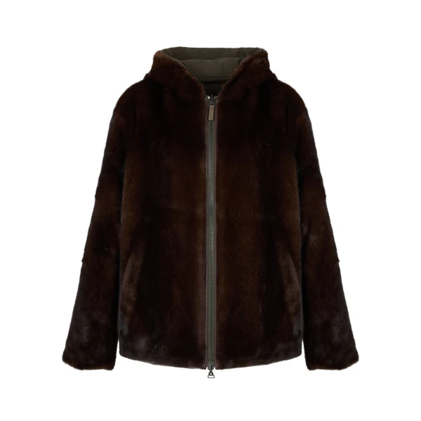 Yves Salomon Reversible Long-Haired Mink and Technical Fabric Hooded Jacket in Green and Mahogany | Men Jackets | Coveti