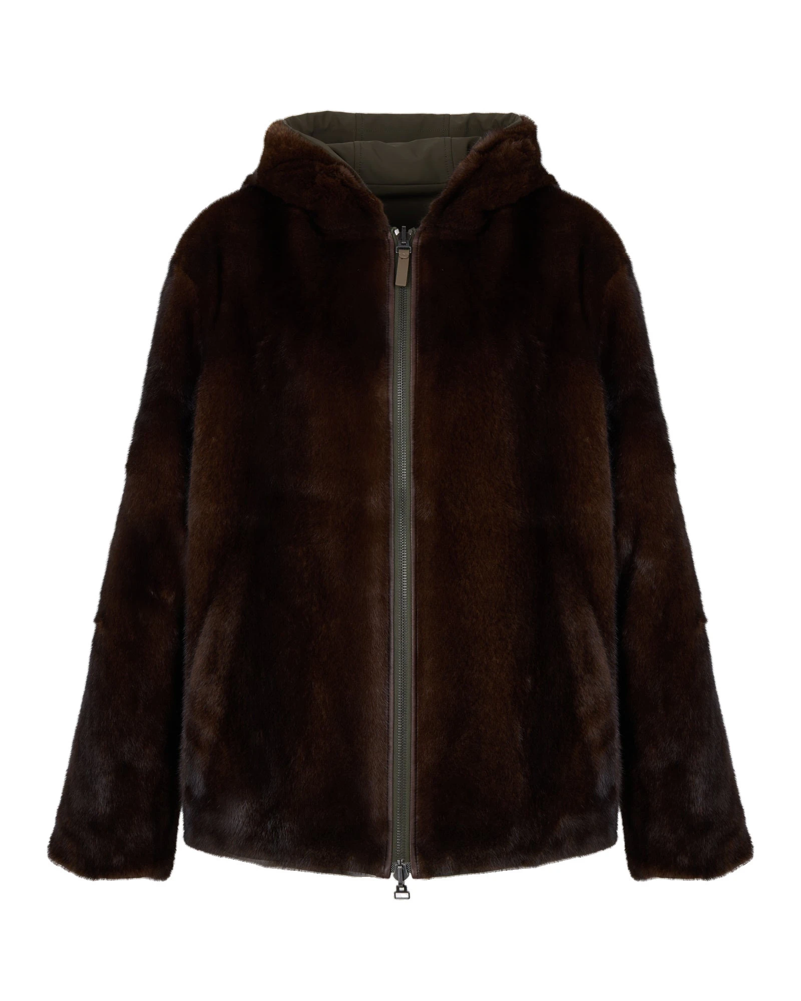 Yves Salomon Reversible Long-Haired Mink and Technical Fabric Hooded Jacket in Green and Mahogany Yves Salomon Reversible Long-Haired Mink and Technical Fabric Hooded Jacket in Green and Mahogany | Men Jackets | Coveti