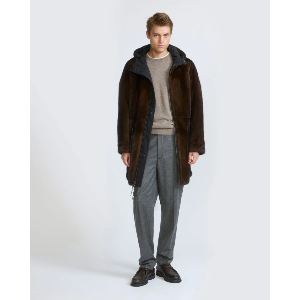 Yves Salomon Reversible Long-Haired Mink and Technical Fabric Parka in Black and Mahogany | Men's Coats | Coveti