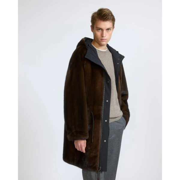Yves Salomon Reversible Long-Haired Mink and Technical Fabric Parka in Black and Mahogany | Men's Coats | Coveti