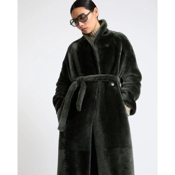Yves Salomon Reversible Long Lacon Lamb Shearling Coat in Dark Green | Shearling Coat | Coveti