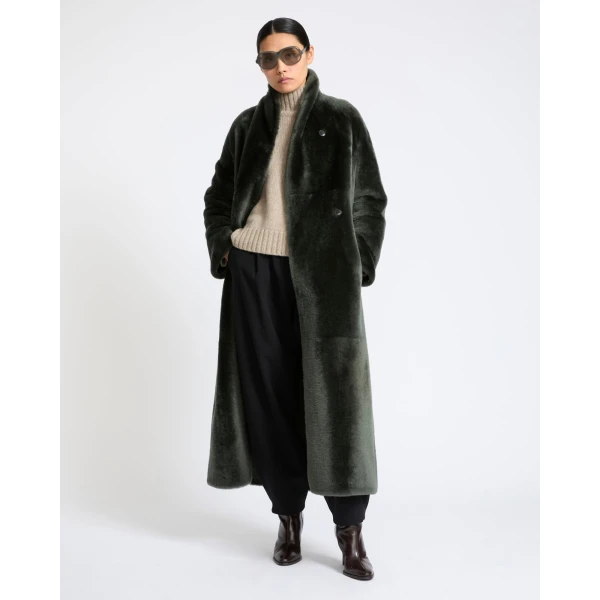Yves Salomon Reversible Long Lacon Lamb Shearling Coat in Dark Green | Shearling Coat | Coveti