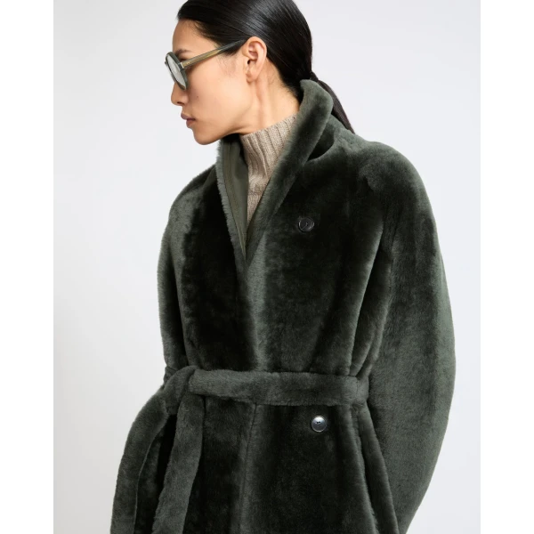 Yves Salomon Reversible Long Lacon Lamb Shearling Coat in Dark Green | Shearling Coat | Coveti