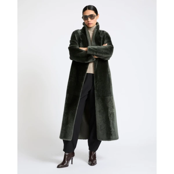 Yves Salomon Reversible Long Lacon Lamb Shearling Coat in Dark Green | Shearling Coat | Coveti