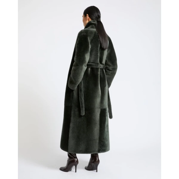 Yves Salomon Reversible Long Lacon Lamb Shearling Coat in Dark Green | Shearling Coat | Coveti