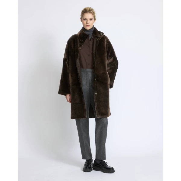 Yves Salomon Reversible Oversized Lamb Shearling Coat in Brown | Shearling Coat | Coveti