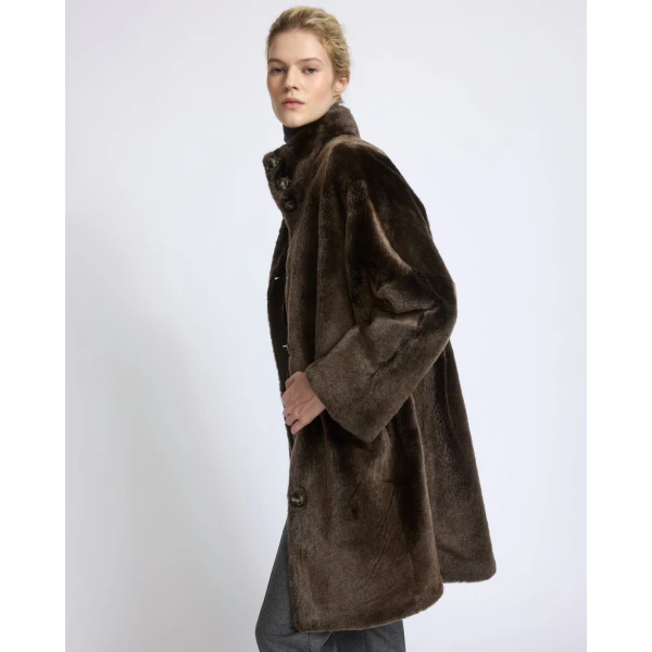 Yves Salomon Reversible Oversized Lamb Shearling Coat in Brown | Shearling Coat | Coveti