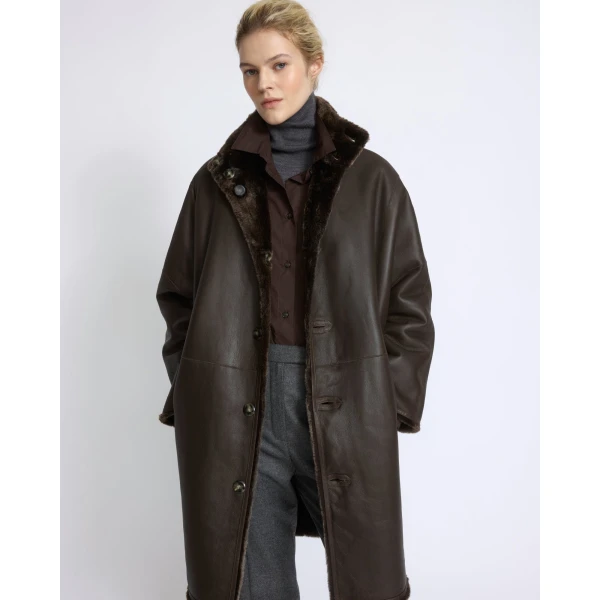 Yves Salomon Reversible Oversized Lamb Shearling Coat in Brown | Shearling Coat | Coveti