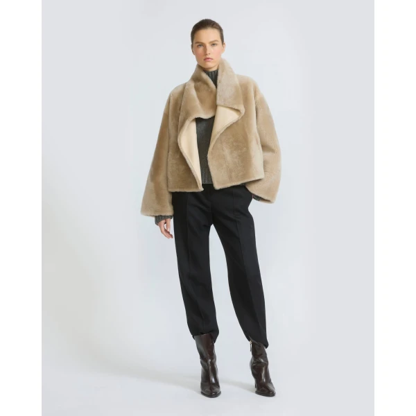 Yves Salomon Reversible Short Lacon Lambskin Shearling Jacket in Beige | Shearling Jackets | Coveti