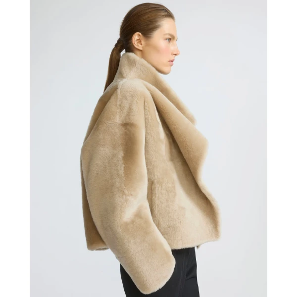 Yves Salomon Reversible Short Lacon Lambskin Shearling Jacket in Beige | Shearling Jackets | Coveti