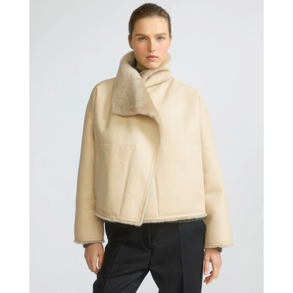 Yves Salomon Reversible Short Lacon Lambskin Shearling Jacket in Beige | Shearling Jackets | Coveti