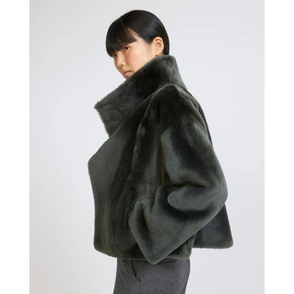 Yves Salomon Reversible Short Lacon Lambskin Shearling Jacket in Dark Green | Shearling Jackets | Coveti