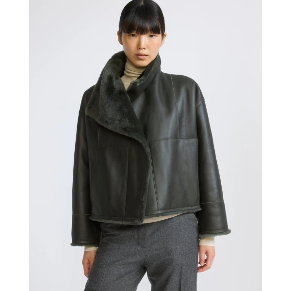 Yves Salomon Reversible Short Lacon Lambskin Shearling Jacket in Dark Green | Shearling Jackets | Coveti