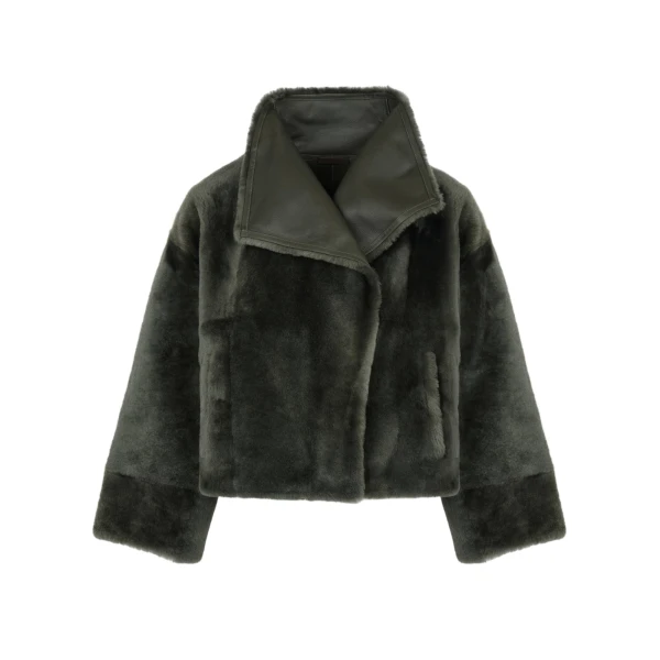 Yves Salomon Reversible Short Lacon Lambskin Shearling Jacket in Dark Green | Shearling Jackets | Coveti