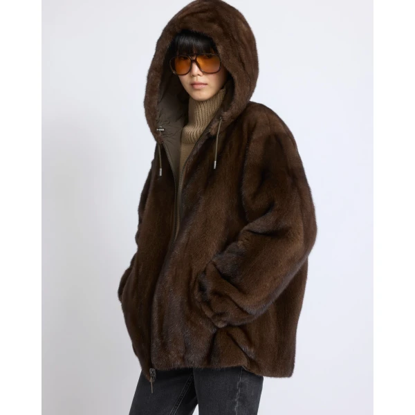 Yves Salomon Reversible Technical Fabric Hoodie with Mink Fur in Khaki | Jackets | Coveti