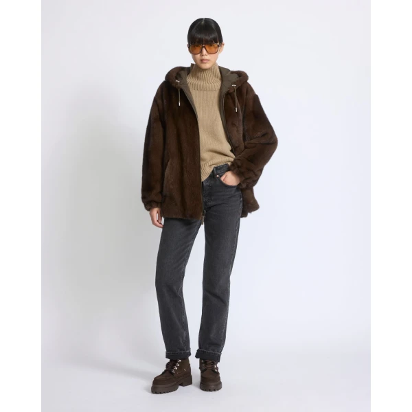 Yves Salomon Reversible Technical Fabric Hoodie with Mink Fur in Khaki | Jackets | Coveti
