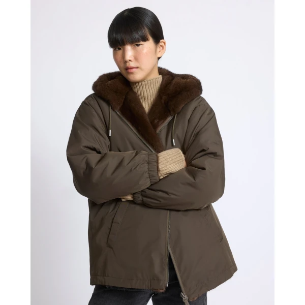 Yves Salomon Reversible Technical Fabric Hoodie with Mink Fur in Khaki | Jackets | Coveti