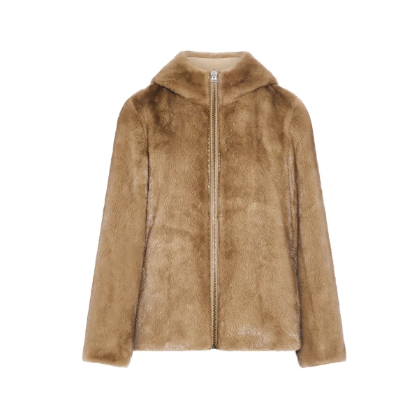 Reversible Water-Repellent Hooded Jacket with Mink Fur in Beige