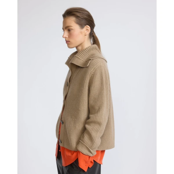 Yves Salomon Sailor Collar Knit Cardigan in Beige | Cardigan | Coveti
