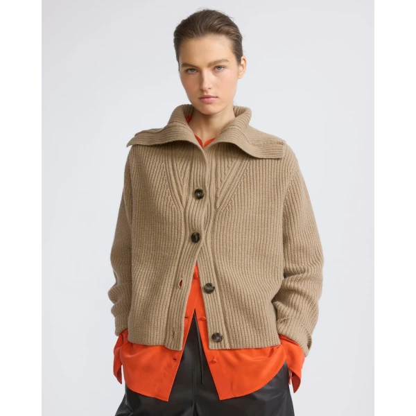 Yves Salomon Sailor Collar Knit Cardigan in Beige | Cardigan | Coveti