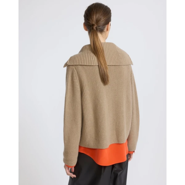 Yves Salomon Sailor Collar Knit Cardigan in Beige | Cardigan | Coveti