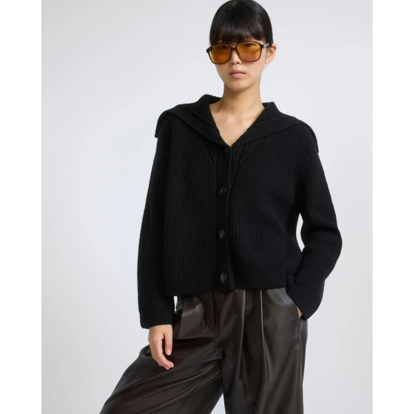 Yves Salomon Sailor Collar Knit Cardigan in Black | Cardigan | Coveti