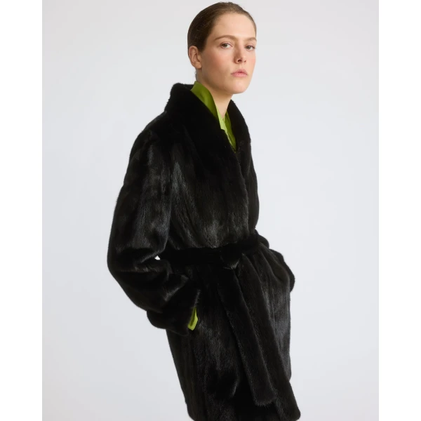 Yves Salomon Short Belted Straightened Long-Haired Mink Fur Coat in Black | Mink Coats | Coveti