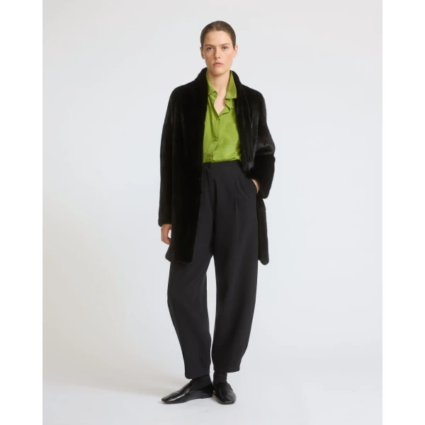 Yves Salomon Short Belted Straightened Long-Haired Mink Fur Coat in Black | Mink Coats | Coveti